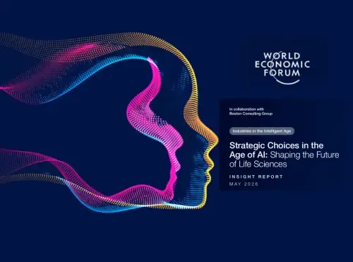 Copertina del report Word Economic Forum e BCG sull'intelligenza artificiale con volto stilizzato in punti colorati