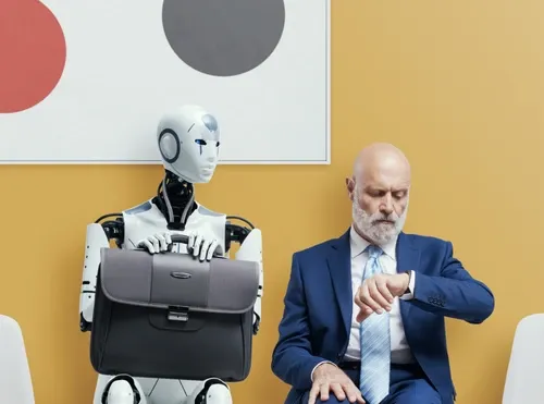 Robot umanoide con valigetta seduto accanto a un uomo in giacca blu che guarda l'orologio in una sala d'attesa